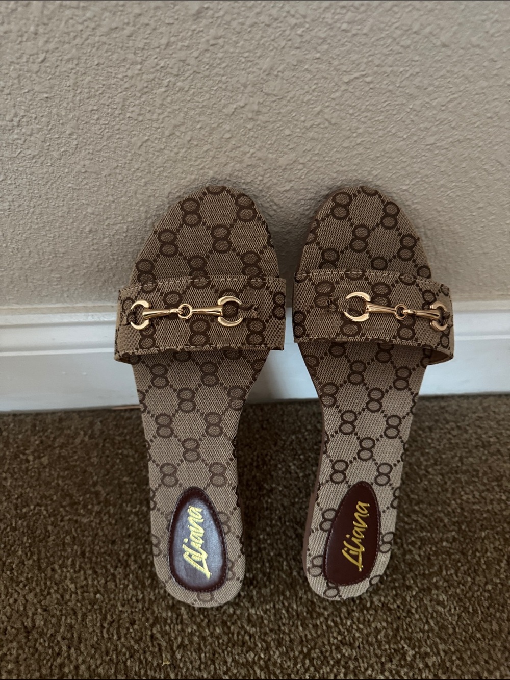Liliana Brown Patterned Slide Sandals with Gold Horsebit Detail